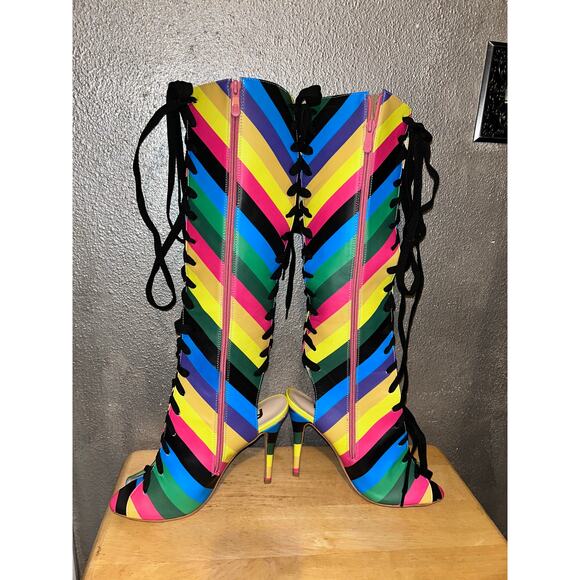 FSJ Rainbow Multicolor Stripes Peep Toe Knee High Lace Up Stiletto Heel Boots - Picture 10 of 12